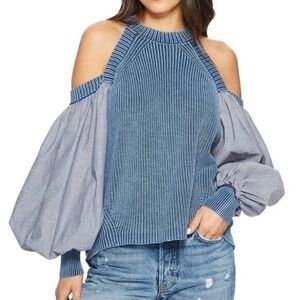 Free People Catch A Glimpse Sweater Blue M Cold Shoulder Balloon Sleeve Knit Top
